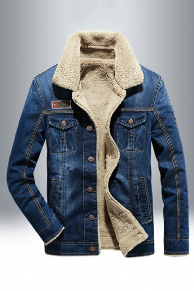 Boys Edgy Pure Color Chest Pocket Long Sleeve Spread Collar Fitted Button Fly Denim Jacket