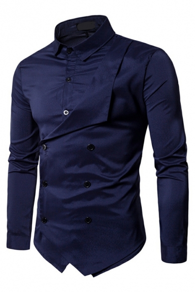 Fancy Guy's Solid Turn-down Collar Long Sleeves Slim Irregular Hem Button Fly Shirt