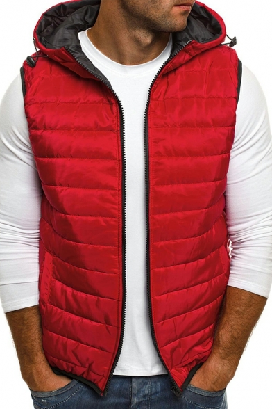 Guy's Novelty Solid Color Hooded Sleeveless Pocket Detail Zip Closure Vest