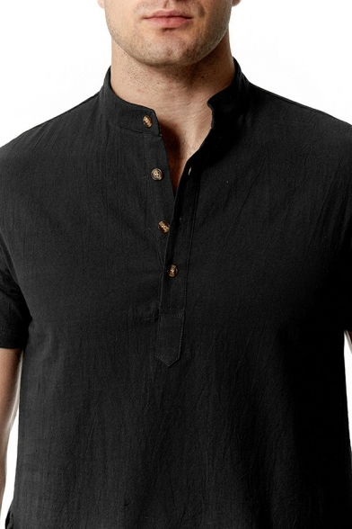 Men Street Style Solid Crew Collar Short Sleeves Slim Half Button Placket Shirt