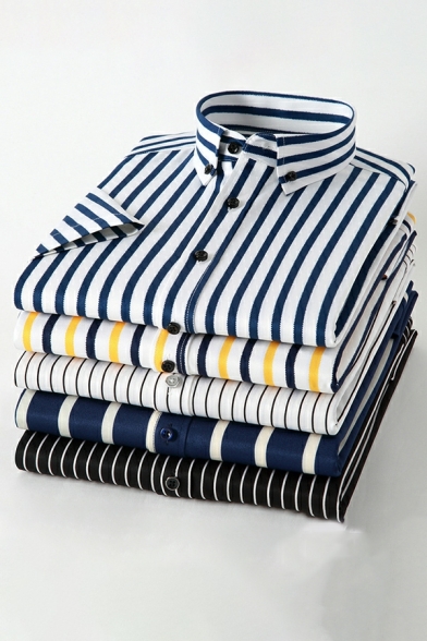 Mens Fashion Striped Pattern Point Collar Short Sleeves Skinny Button Placket Shirt
