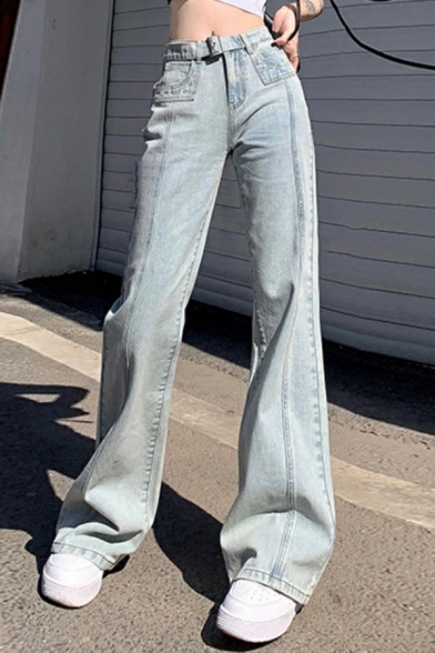 Simple Pure Color Belt Design High Waist Long Length Jeans for Women