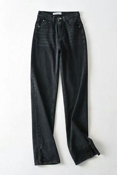 Dashing Ladies Solid Color Split Front Straight Long Length Pocket Zipper Jeans