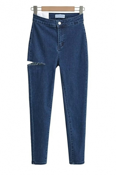 Girls Original Whole Colored Cut-outs High Waist Regular Long Length Zip down Jeans