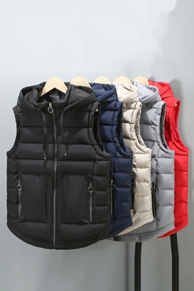 Boy's Unique Pure Color Pocket Sleeveless Hooded Drawstring Fitted Zip Down Vest