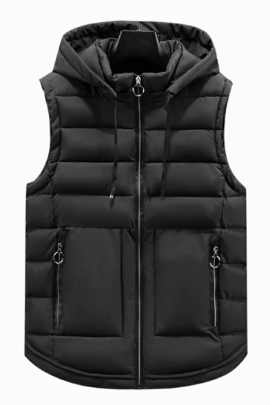 Boy's Unique Pure Color Pocket Sleeveless Hooded Drawstring Fitted Zip Down Vest