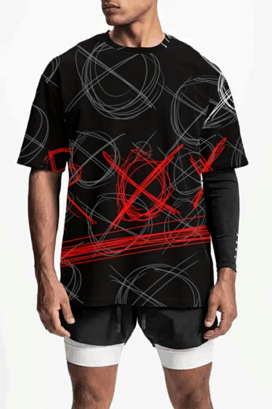 Men's Sporty Contrast Lined Print Long Sleeve Round Neck Regular Fitted Tee Top