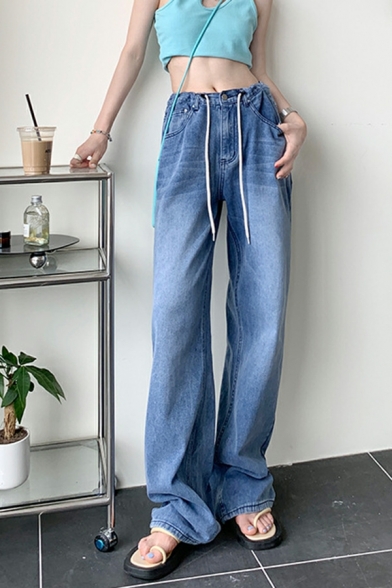 Trendy Plain Drawstring Long Length Pocket Loose Zip Placket Jeans for Girls