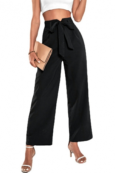 Women Basic Whole Colored Drawstring Waist Loose Fitted Long Length Pants
