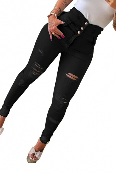 Fancy Women Solid Long Length Ripped High Rise Skinny Zip Closure Jeans