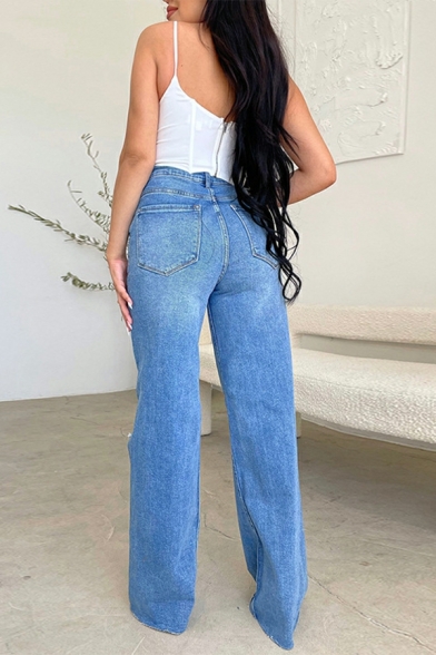 Girls Vintage Whole Colored Broken Hole High Rise Full Length Zip down Jeans