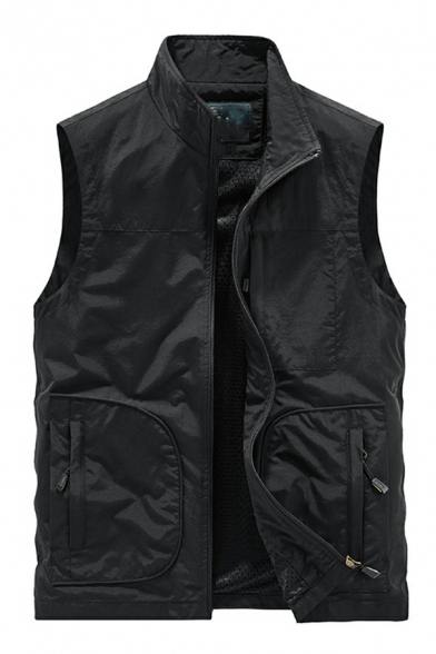 Leisure Men Plain Stand Collar Pocket Decoration Regular Fit Zipper Vest