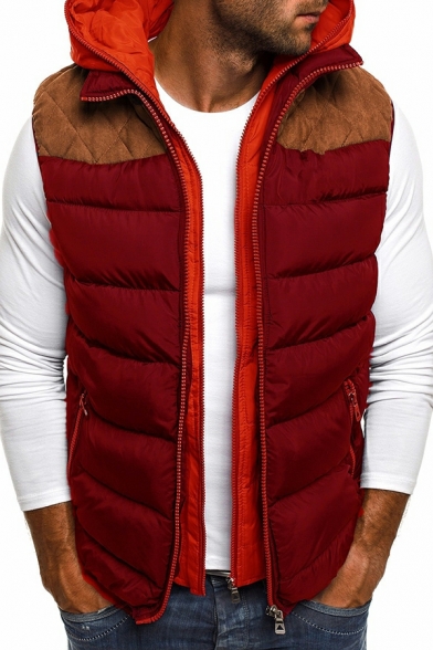 Basic Color Block Pocket Hooded Sleeveless Fitted Zip Down Vest for Men