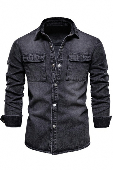 Boy's Cozy Solid Chest Pocket Turn-down Collar Long Sleeve Slim Fit Button-up Denim Jacket