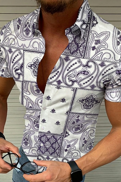Edgy Paisley Printed Turn-down Collar Short Sleeves Button Down Shirt for Men