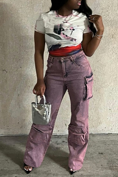 Girls Unique Pure Color Flap Pocket Long Length Zip down Wide Leg Jeans