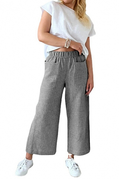 Women Trendy Stripe Pattern Pocket Elastic Waist Long Length Mid Rise Wide Leg Pants
