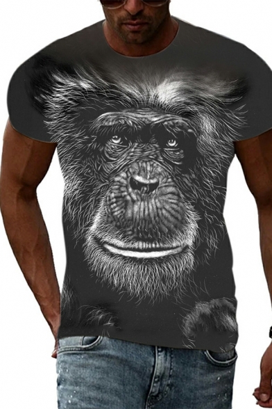 Casual Men 3D Chimpanzees Print Crew Neck Short-sleeved Slim Fitted Tee Top
