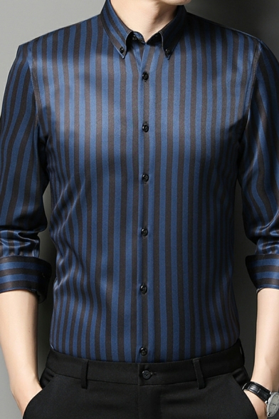 Casual Mens Stripe Pattern Turn-down Collar Fitted Long Sleeve Button Fly Shirt