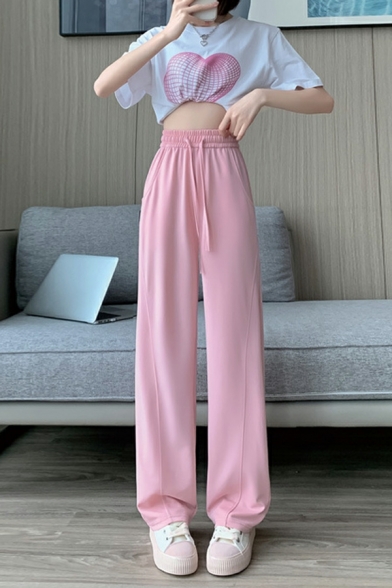 Fashionable Girls Solid Drawstring Waist Loose Fitted High Rise Full Length Pants