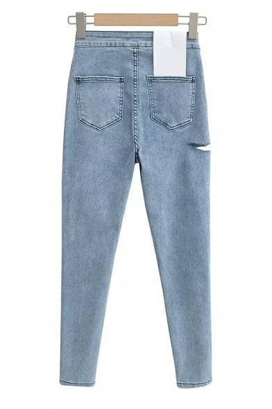 Girls Original Whole Colored Cut-outs High Waist Regular Long Length Zip down Jeans