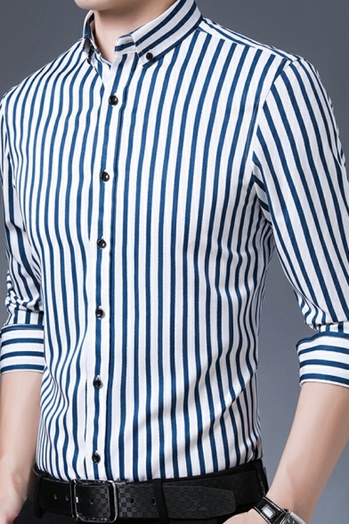 Guy's Simple Striped Print Long-Sleeved Turn-down Collar Slimming Button Fly Shirt
