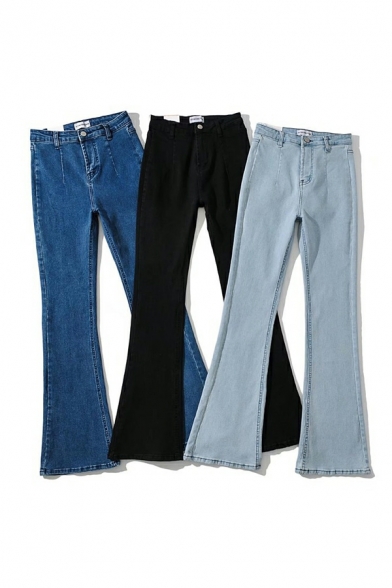 Ladies Modern Solid Full Length Pocket Straight High Rise Zip down Jeans