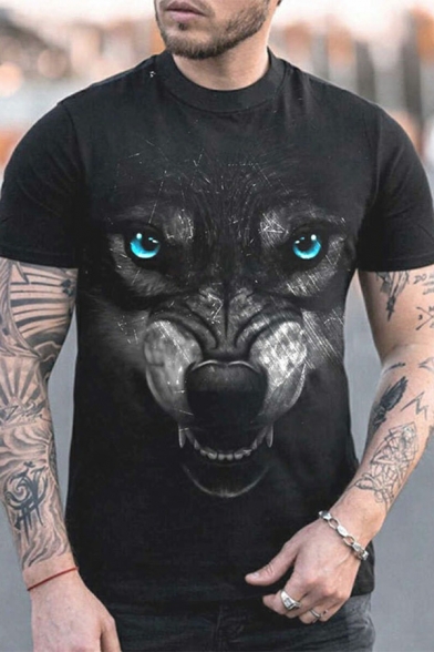 Modern Men 3D Wolf Printed Regular Crew Collar Short Sleeves Tee Shirt