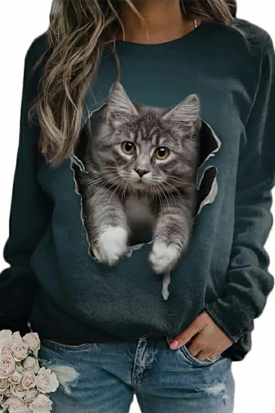 Novelty Girls 3D Cat Pattern Long Sleeve Regular Round Neck Pullover Sweatshirt