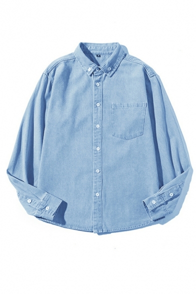 Retro Mens Plain Chest Pocket Point Collar Oversize Long Sleeve Button Closure Shirt
