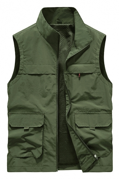Retro Whole Colored Stand Neck Sleeveless Fitted Zipper Vest for Men