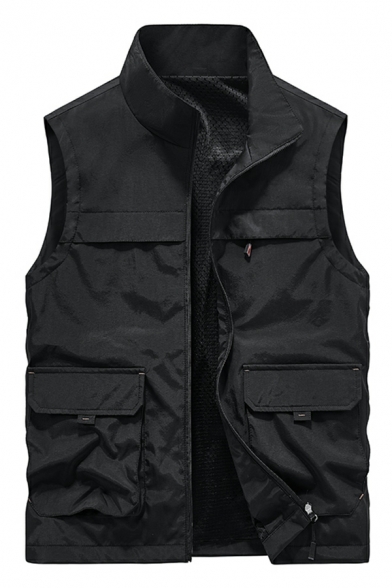 Retro Whole Colored Stand Neck Sleeveless Fitted Zipper Vest for Men