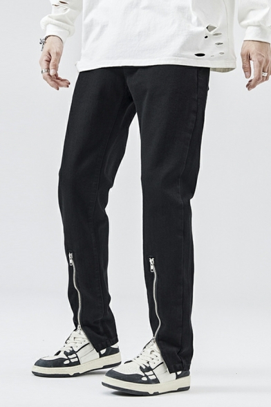 Athletic Style Slim Fit Long Pants Slim Fit Men’s Trousers With Zipper in Black