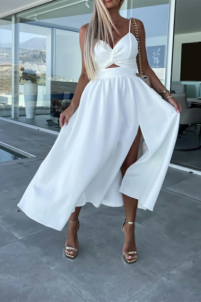 Fashion Strappy V-Neck Skinny Dress Plain Summer Split Skirt