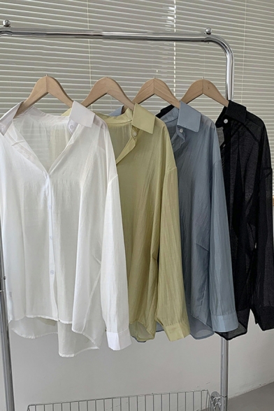 Long Sleeve Band Collar Blouse Shirt Plain Button Down Shirts
