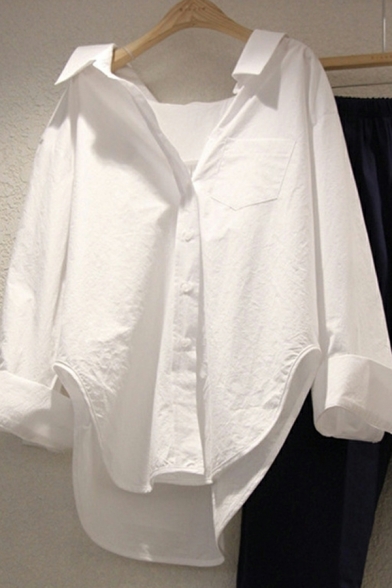 Long Sleeve Button Down Shirts Loose Fit Plain Blouse In White