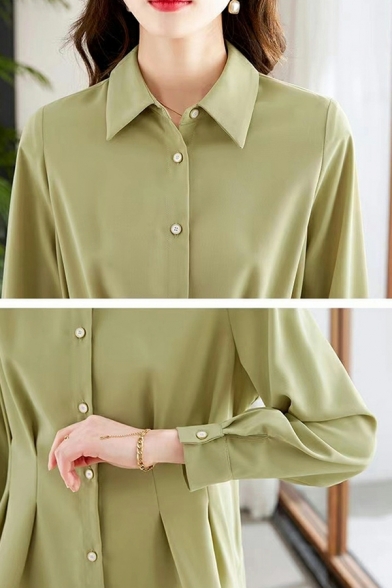 Slim Fit Long Sleeve Shirts Women’s Plain Polyester Blouse in Green