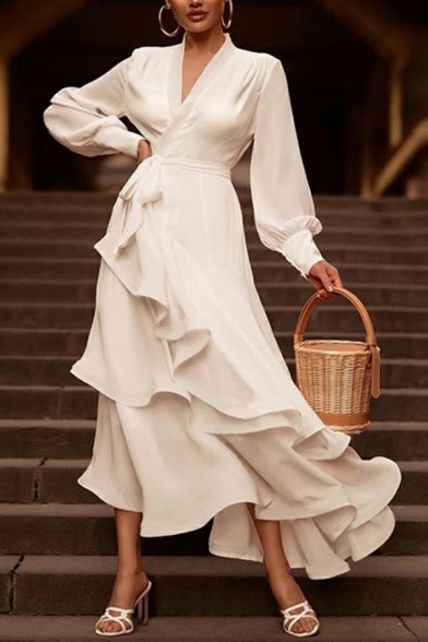 Fashion V-Neck Asymmetric Skirt White Ruffled Slim Fit Dress