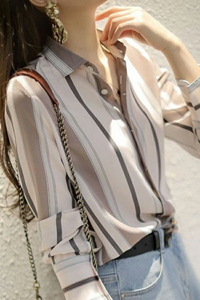 Long Sleeve Stripe High Neck Shirts Button Down Blouse In Pink