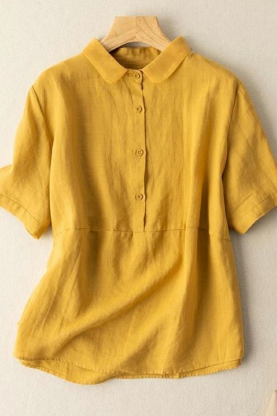 Lapel Collar Short Sleeve Plain Shirts Cotton Plain Button Down Blouse
