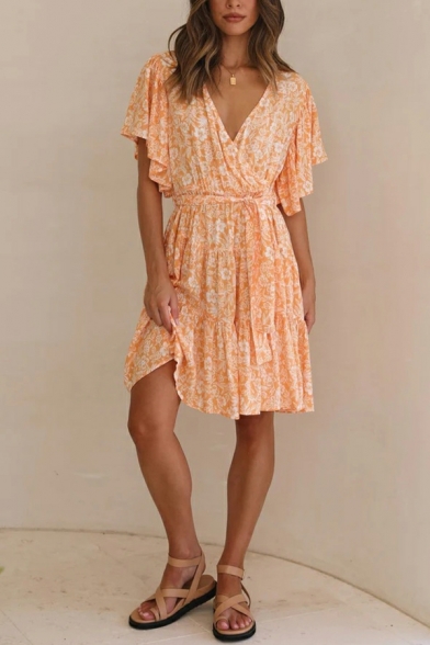 Fashion V-Neck Mid Length Skirts Floral Polyester Summer Dress