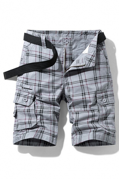 Summer Skinny Sports Pants Grid Cotton Athletic Shorts With Zip-fly Closure