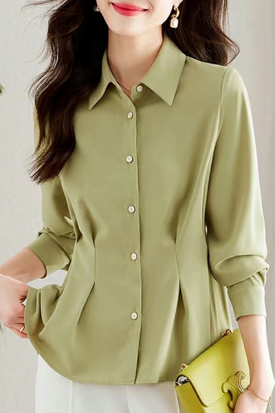 Slim Fit Long Sleeve Shirts Women’s Plain Polyester Blouse in Green