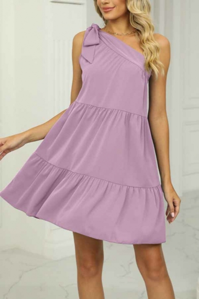 One Shoulder Plain Asymmetrical Dress Polyester Slim Fit Dress
