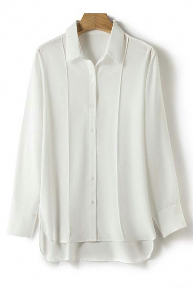 Lapel Neck Long Sleeve Shirts Plain Loose Fit Button Down Blouse