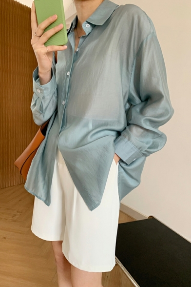 Long Sleeve Band Collar Blouse Shirt Plain Button Down Shirts
