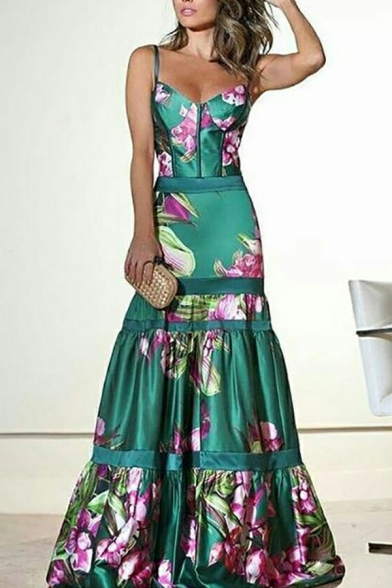 Strappy Floral Patch Long Dress Women’s Polyester Fitted Dress