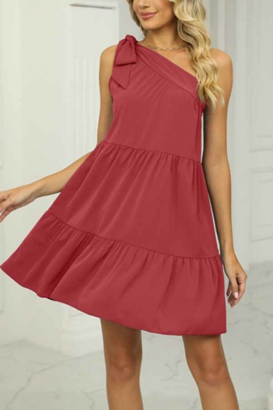 One Shoulder Plain Asymmetrical Dress Polyester Slim Fit Dress