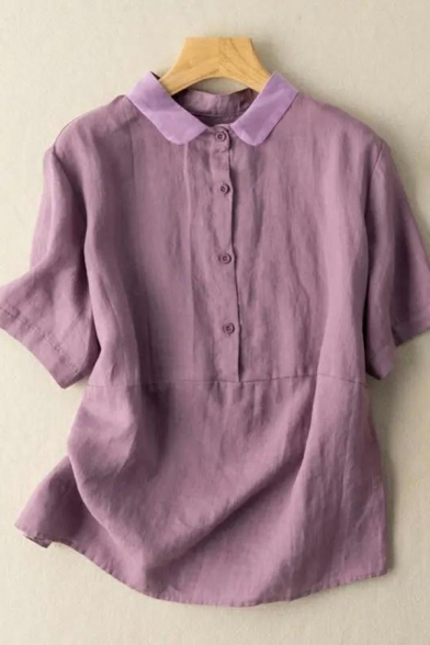 Lapel Collar Short Sleeve Plain Shirts Cotton Plain Button Down Blouse