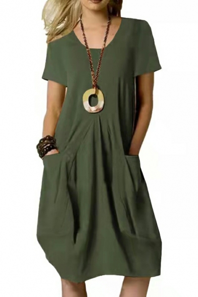 Fashion Round Neck Short Sleeveless Mid Length Skirts Polyester Summer Dress